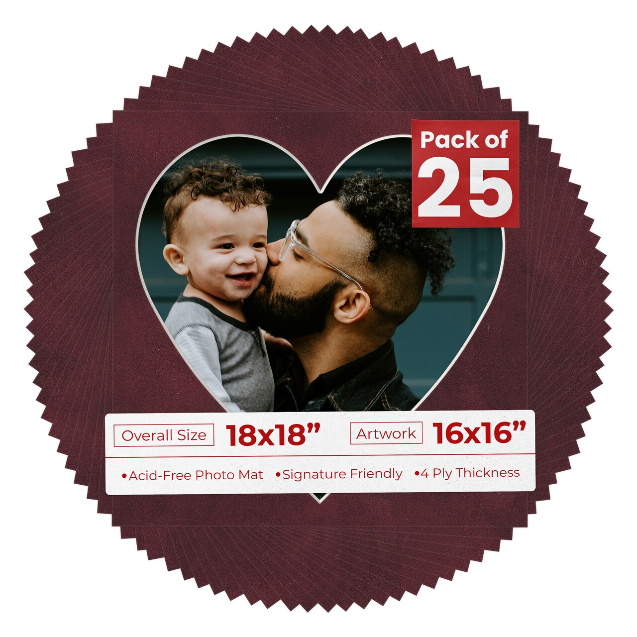 Dark Red Suede Mat Board for 18x18 Frames - Heart Opening for 16x16 Photos